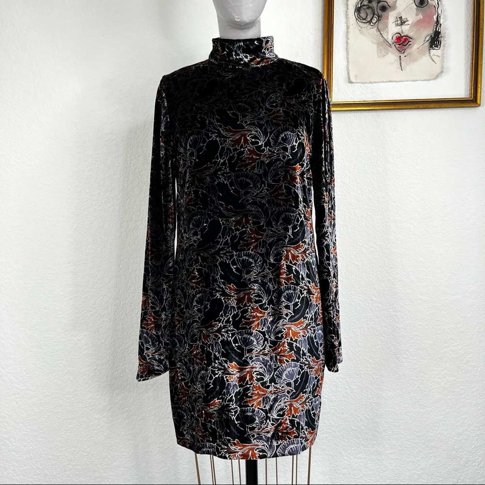 Sonia Rykiel Velvet Floral Long Sleeve Mock Neck Shift Dress - Picture 1 of 9